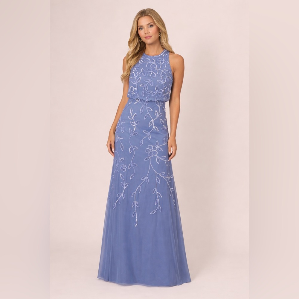 Adrianna Papell Beaded Mesh Gown Blue Floral Formal Dress SZ 8 NWT Evening GALA